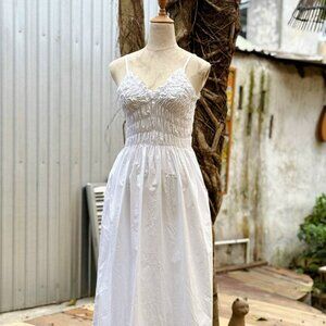 White Embroidered Smocked Midi Dress Romantic